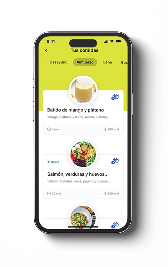 Mockup de la app sección de tu plan de comidas
