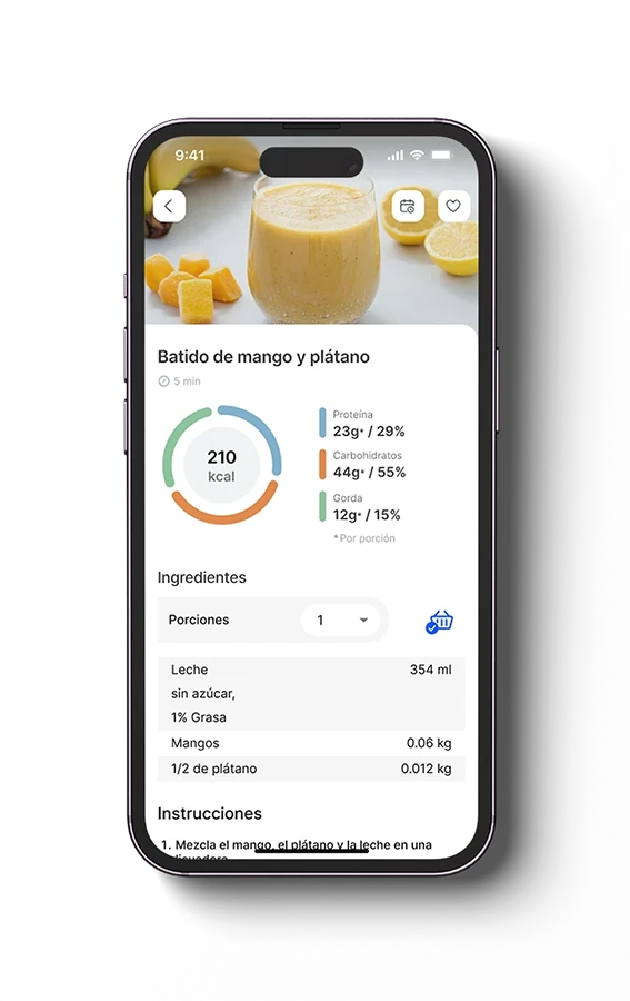 Mockup de la app sección de una receta
