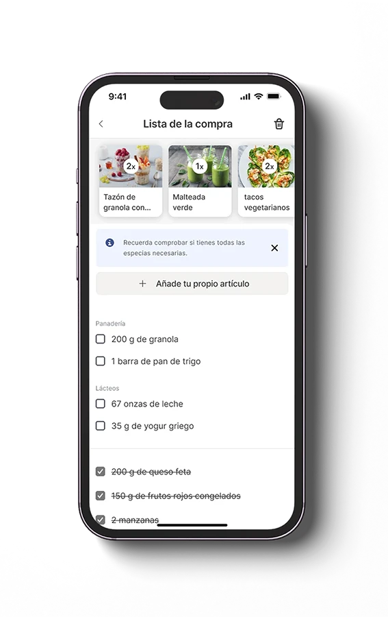 Mockup de la app sección de lista de la compra