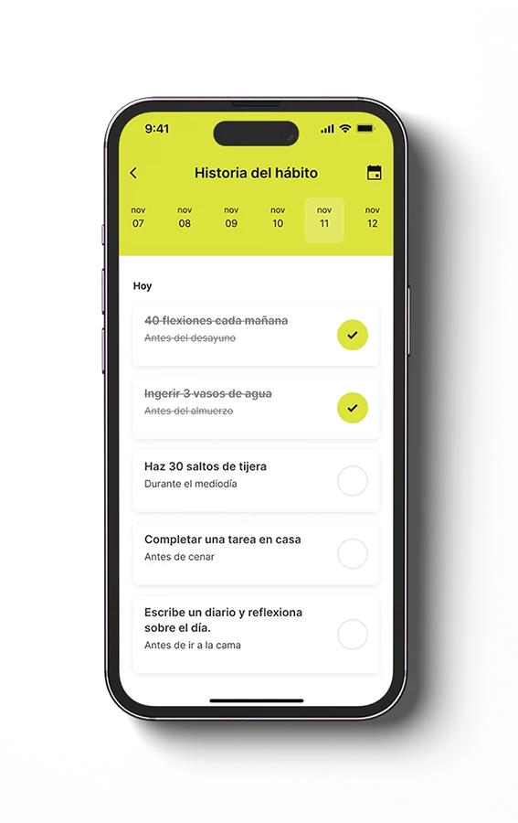 Mockup de la app sección de hábitos
